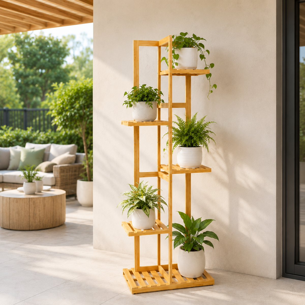 5 Tier Bamboo Plant Stand - Indoor & Outdoor Corner Plant Shelf - Natural Wooden Flower Pot Display Rack