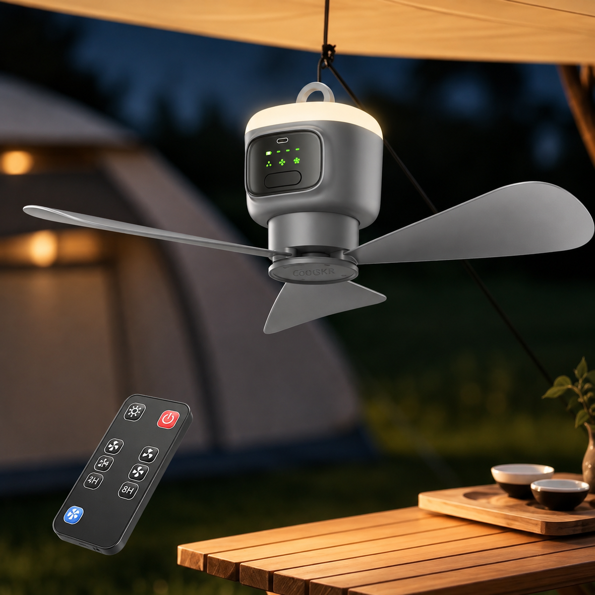 Portable Camping Ceiling Fan with LED Light & Remote