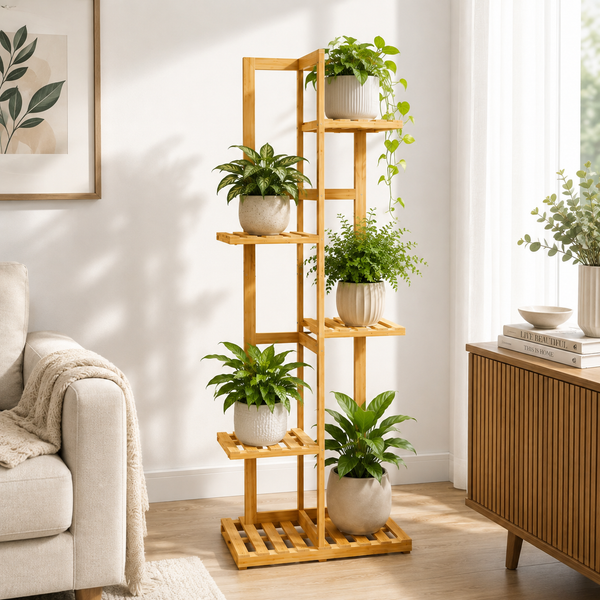 5 Tier Bamboo Plant Stand - Indoor & Outdoor Corner Plant Shelf - Natural Wooden Flower Pot Display Rack