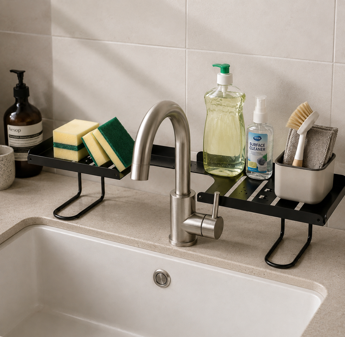 Over Sink Shelf Rotatable Adjustable Steel Faucet Storage Organiser
