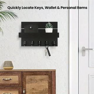 Rustic Wooden Key Holder & Wall Shelf – Entryway Mail Organiser with 5 Hooks