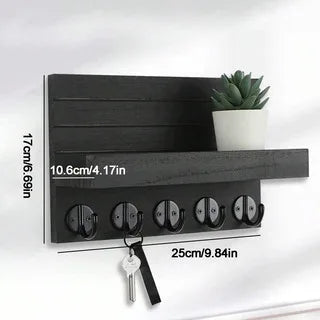Rustic Wooden Key Holder & Wall Shelf – Entryway Mail Organiser with 5 Hooks