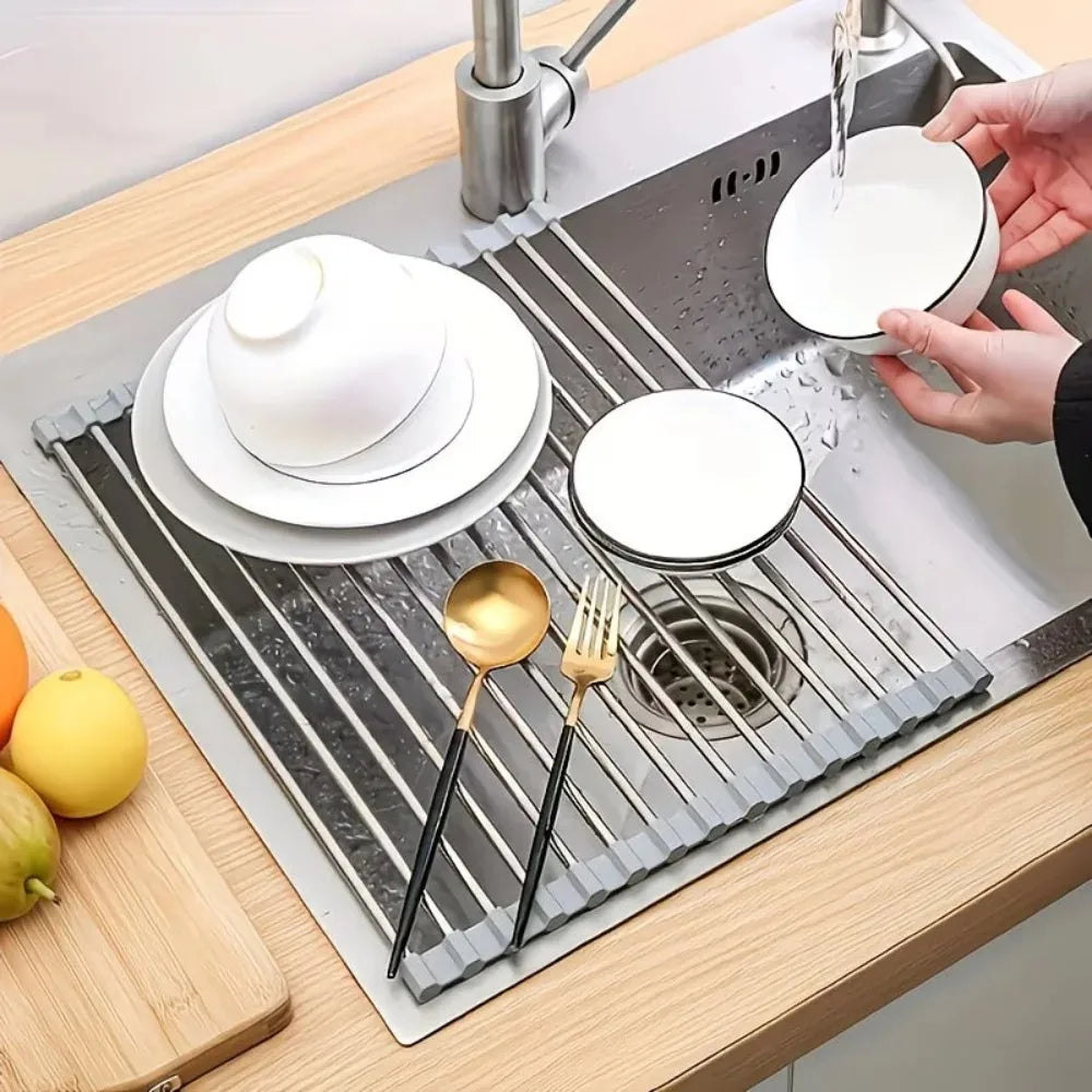 Roll-Up Stainless Steel Sink Drying Rack – Foldable Kitchen Dish & Vegetable Rack