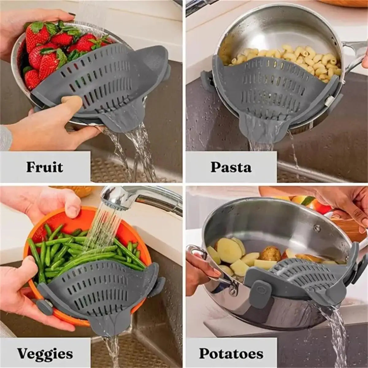 Universal Clip-On Silicone Pot Strainer - Hands-Free Pasta & Vegetable Drainer