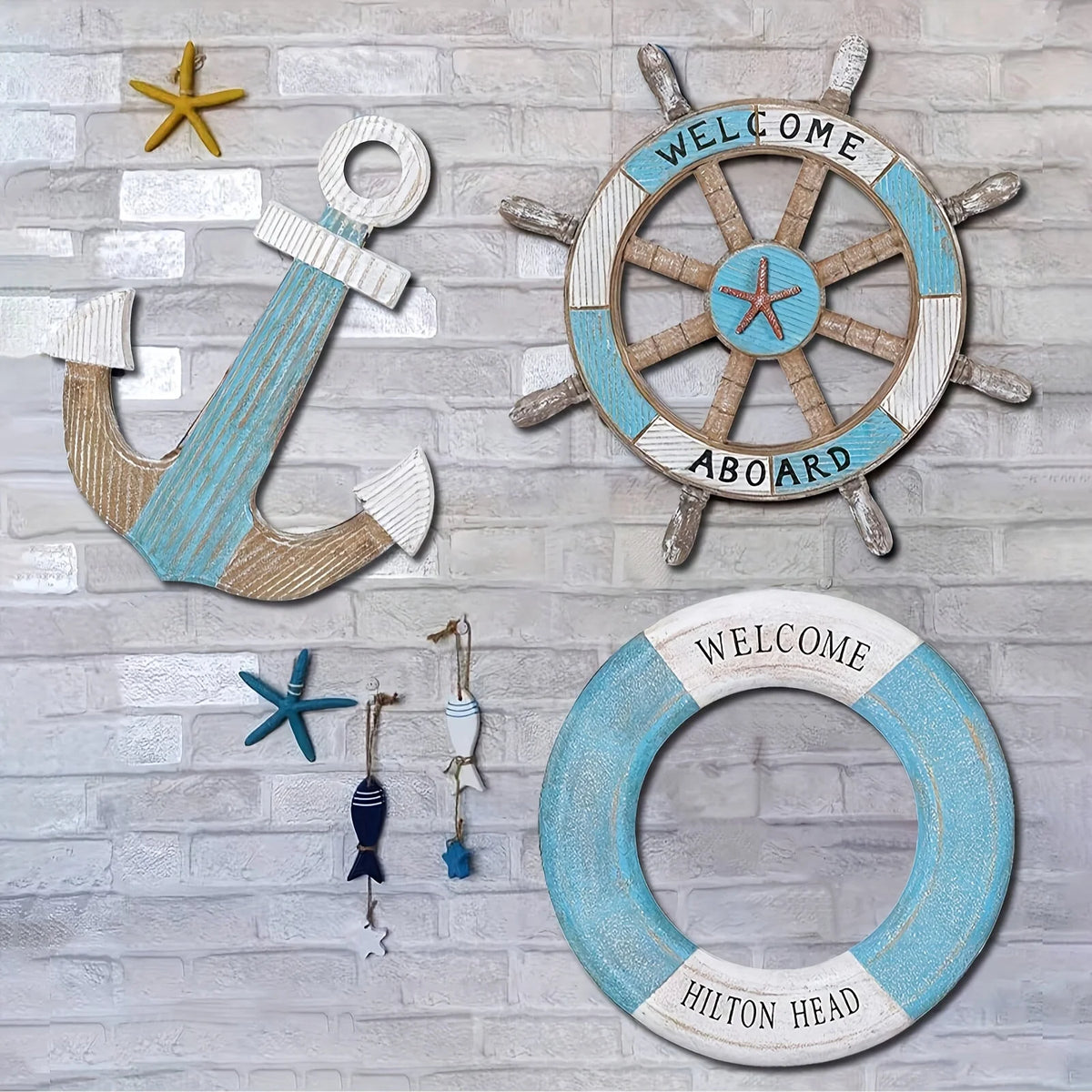 Nautical Wooden Wall Decor Set - Anchor, Ship Wheel & Lifebuoy