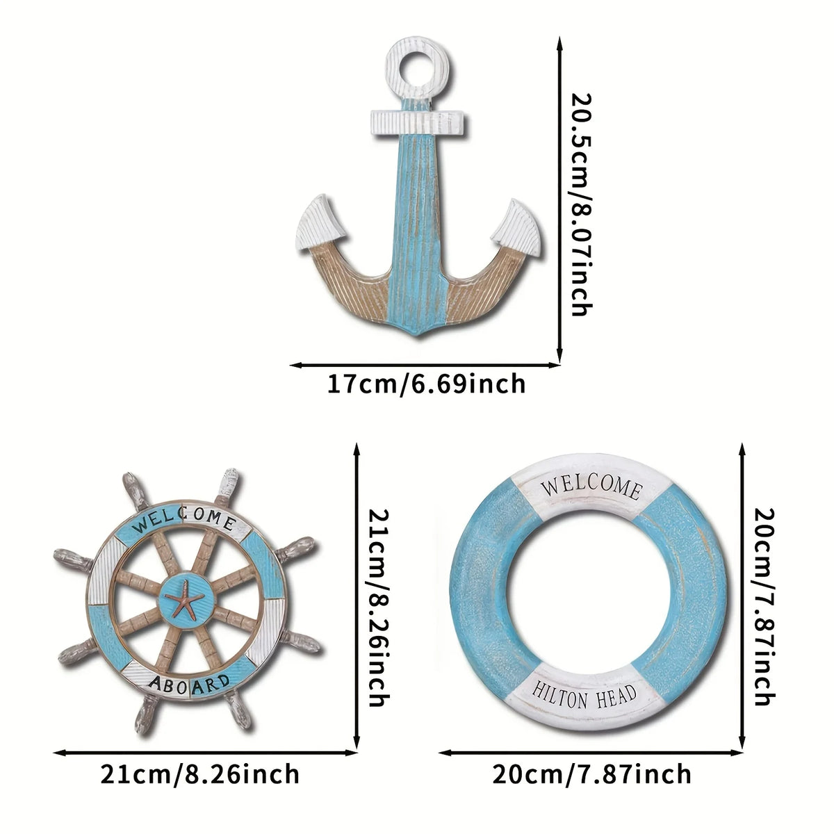 Nautical Wooden Wall Decor Set - Anchor, Ship Wheel & Lifebuoy