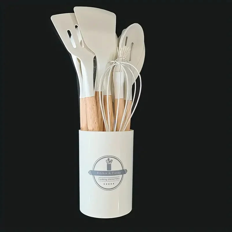 12-Piece Silicone Kitchen Utensil Set with Wooden Handles – Non-Stick Cooking Tool