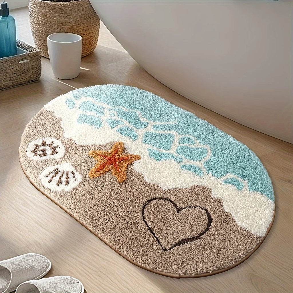 Ocean-Themed Plush Faux Cashmere Bathroom Mat – Anti-Slip & Ultra Absorbent