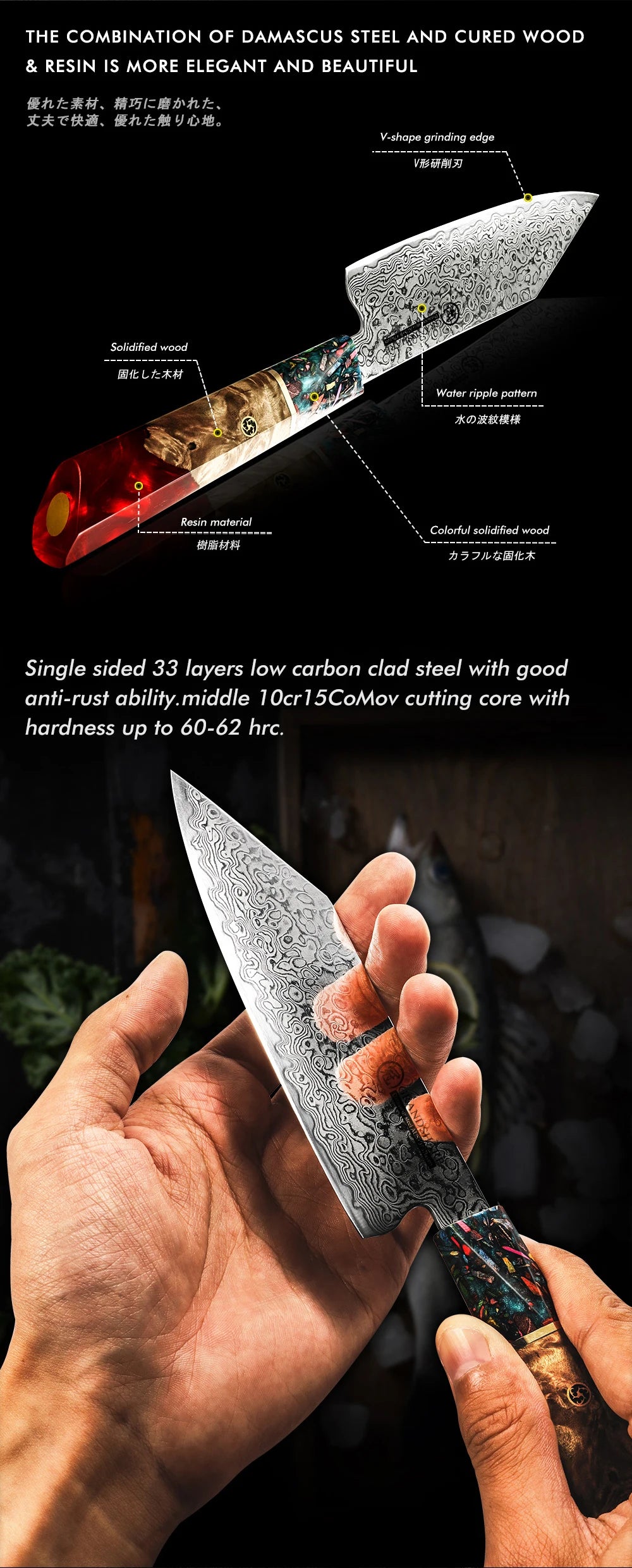 10CR15COM Damascus Steel Santoku Chef Knife