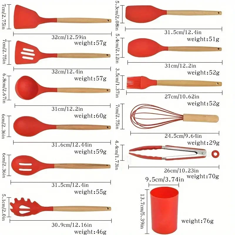 12-Piece Silicone Kitchen Utensil Set with Wooden Handles – Non-Stick Cooking Tool