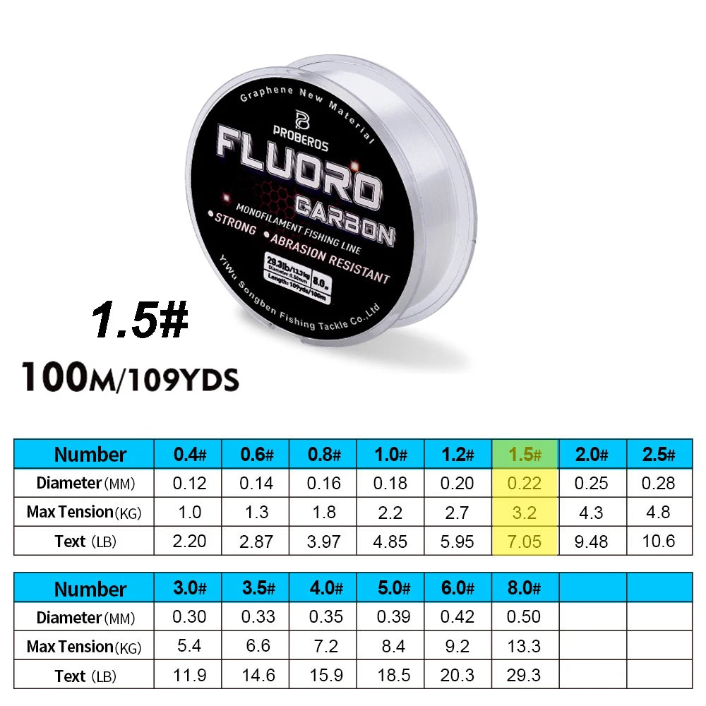 PROBEROS 100m Fluorocarbon Fishing Line – High Abrasion Resistance