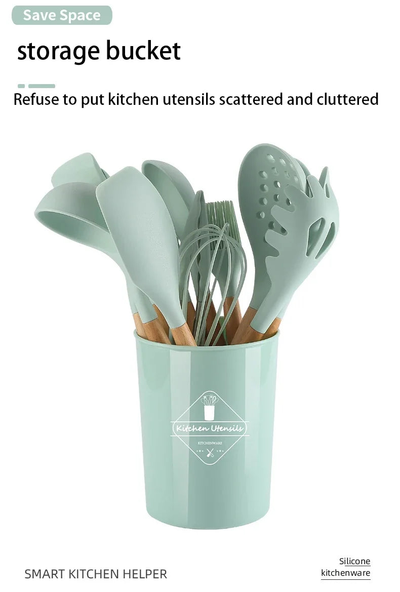 12-Piece Silicone Kitchen Utensil Set with Wooden Handles – Non-Stick Cooking Tool