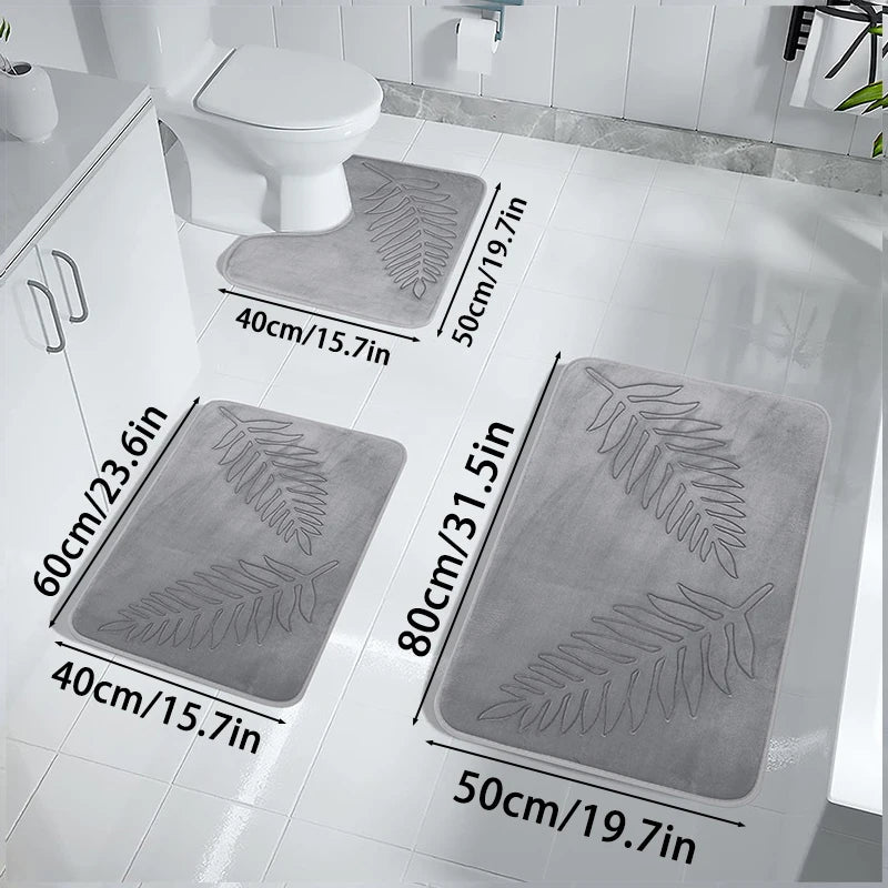 3-Piece Leaf Bathroom Mat Set – Non-Slip Super Absorbent Quick-Dry Bath Rugs & Toilet Mat