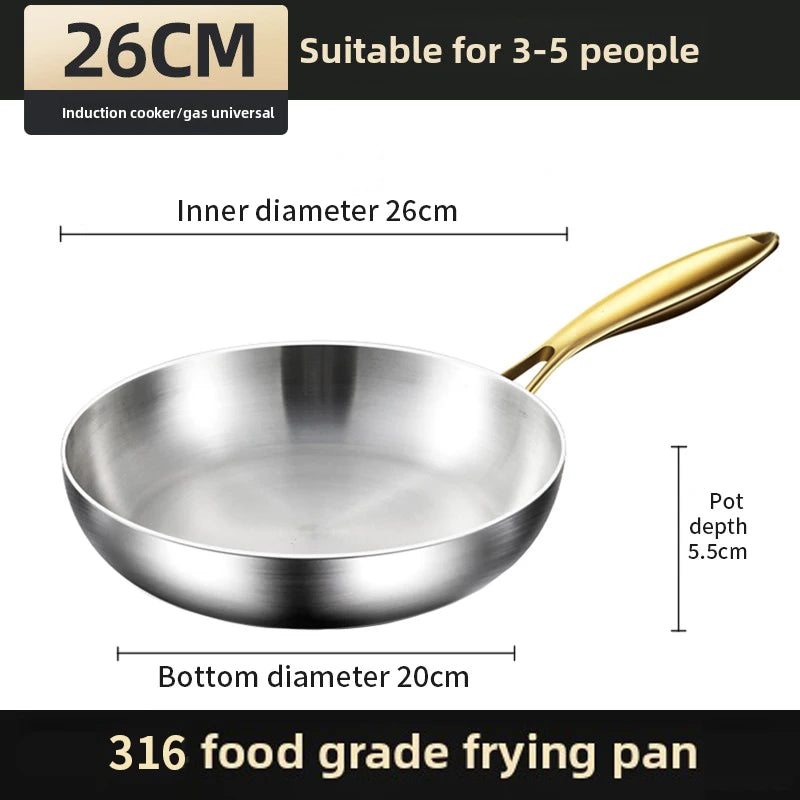 316 Stainless Steel Frying Pan with Golden Handle | Non-Stick Wok for Gas & Induction Cooktops