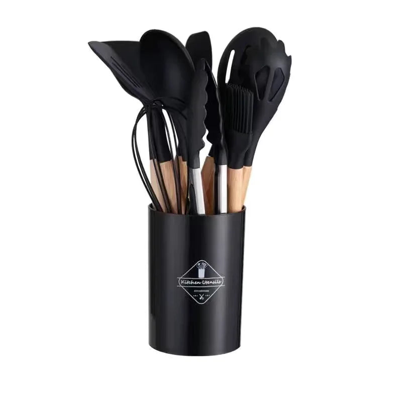 12-Piece Silicone Kitchen Utensil Set with Wooden Handles – Non-Stick Cooking Tool
