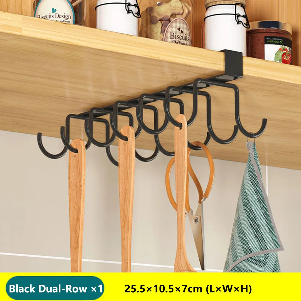 Space-Saving Under Cabinet Kitchen Organizer Rack with Hooks, Storage Shelf & Hanging Holders