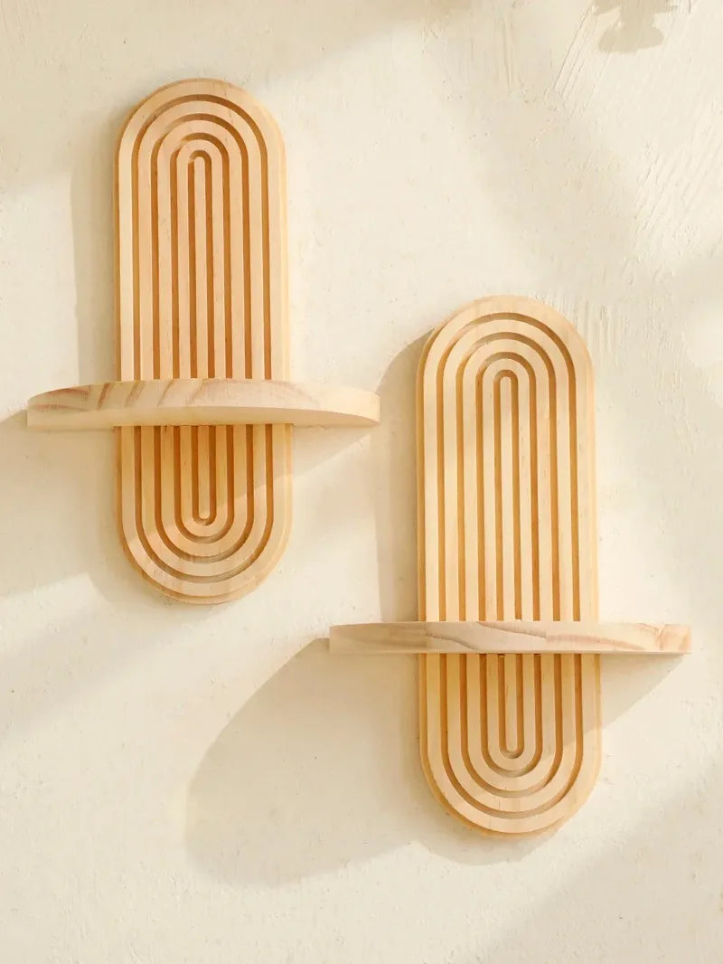 Boho Wooden Arch Wall Shelf – Natural Wood Floating Storage