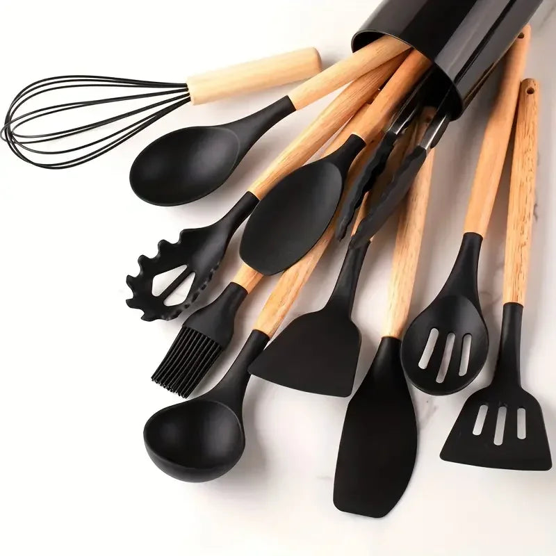 12-Piece Silicone Kitchen Utensil Set with Wooden Handles – Non-Stick Cooking Tool