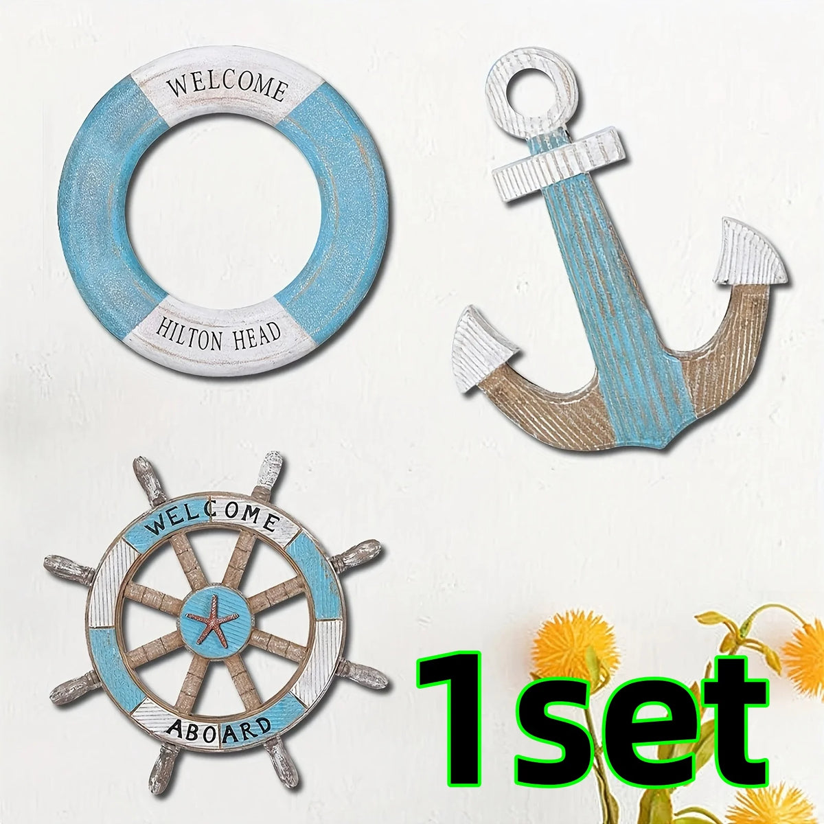 Nautical Wooden Wall Decor Set - Anchor, Ship Wheel & Lifebuoy