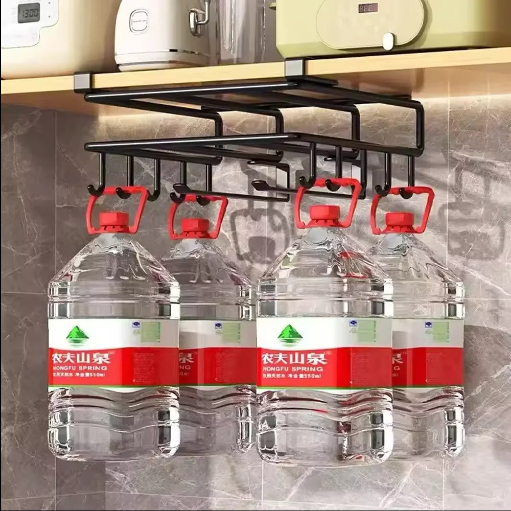 Space-Saving Under Cabinet Kitchen Organizer Rack with Hooks, Storage Shelf & Hanging Holders