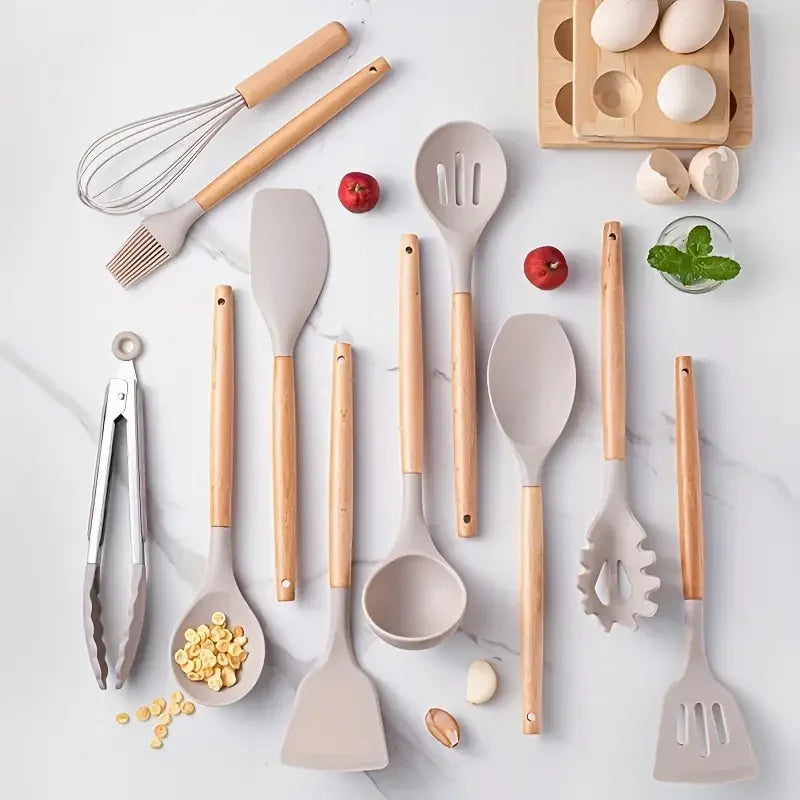 12-Piece Silicone Kitchen Utensil Set with Wooden Handles – Non-Stick Cooking Tool