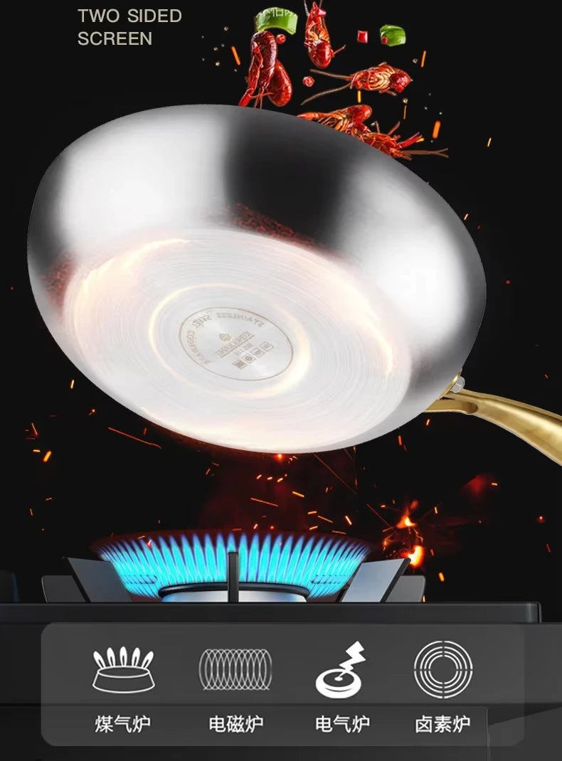316 Stainless Steel Frying Pan with Golden Handle | Non-Stick Wok for Gas & Induction Cooktops