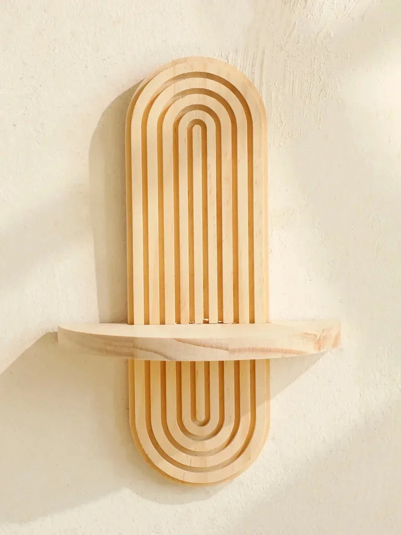 Boho Wooden Arch Wall Shelf – Natural Wood Floating Storage