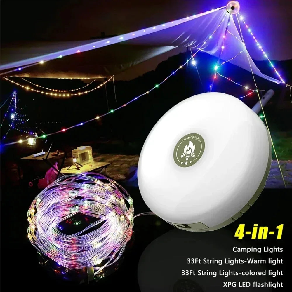 4-in-1 Camping String Light – Rechargeable LED Lantern with USB Power Bank & Magnetic Base