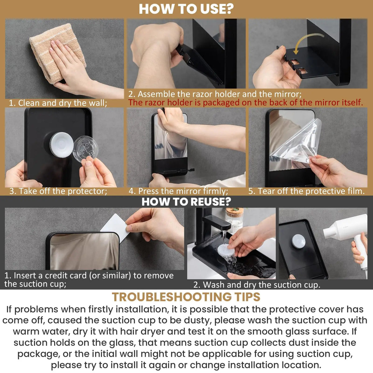 TALI Fogless Shower Mirror with Razor Holder – Shatterproof No-Drill Bathroom Mirror