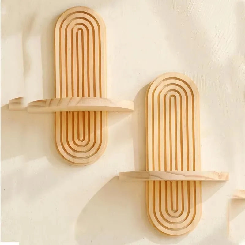 Boho Wooden Arch Wall Shelf – Natural Wood Floating Storage