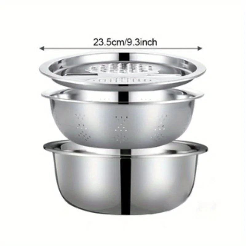 3-Piece Stainless Steel Mixing Bowl Set – Grater, Strainer & Food Prep Bowls