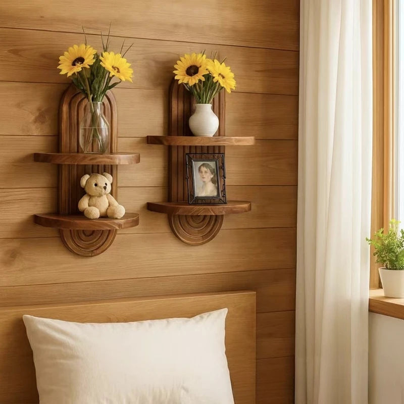Boho Wooden Arch Wall Shelf – Natural Wood Floating Storage