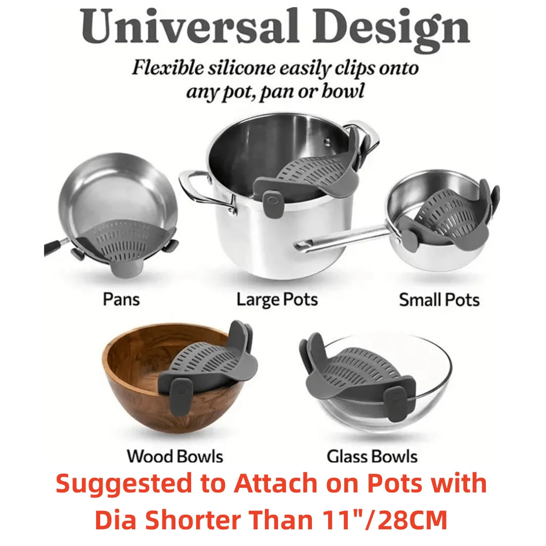 Universal Clip-On Silicone Pot Strainer - Hands-Free Pasta & Vegetable Drainer