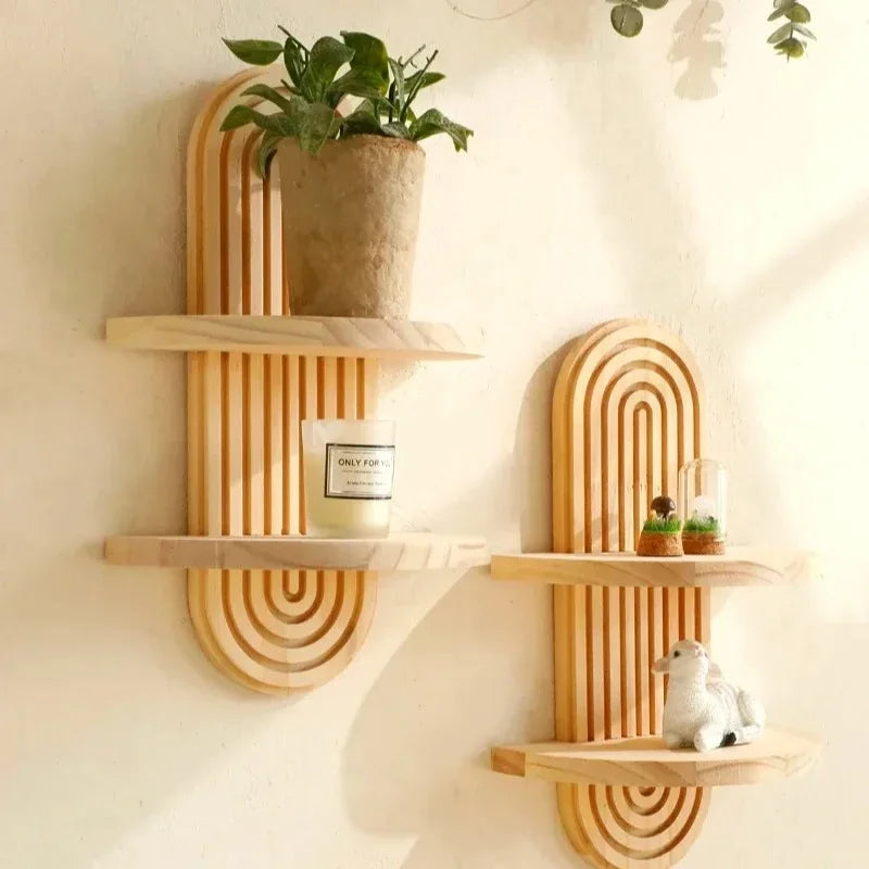 Boho Wooden Arch Wall Shelf – Natural Wood Floating Storage