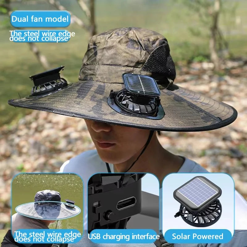 Solar Cooling Fan Hat | USB Rechargeable Wide Brim Sun Hat | Camping, Fishing & Hiking Hat