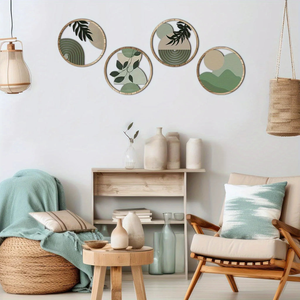 4 Piece Boho Wooden Wall Art Set – Geometric Hanging Decor for Nursery, Bedroom & Living Room
