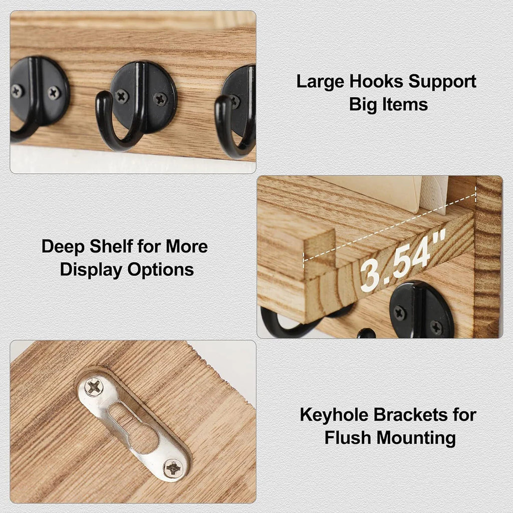 Rustic Wooden Key Holder & Wall Shelf – Entryway Mail Organiser with 5 Hooks