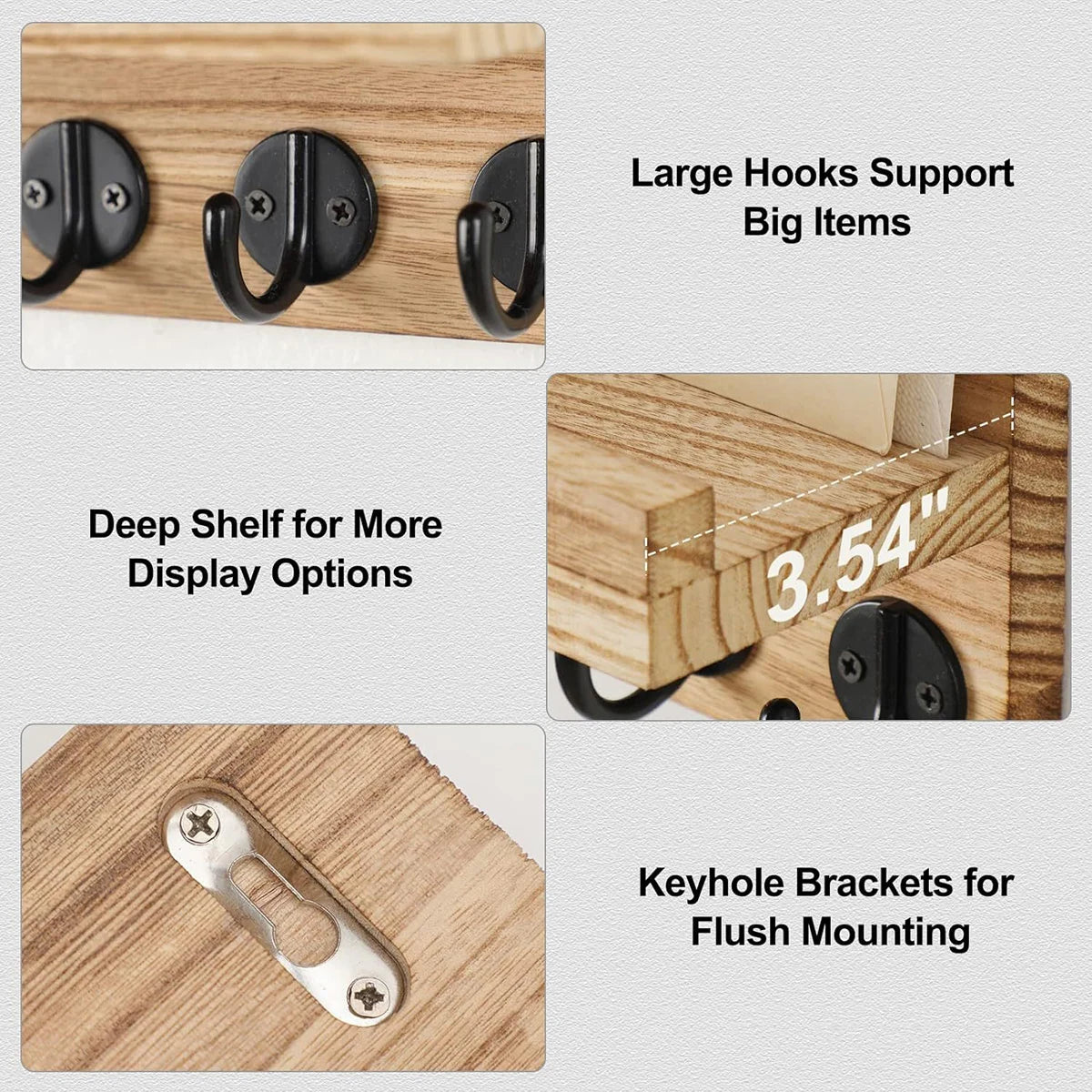 Rustic Wooden Key Holder & Wall Shelf – Entryway Mail Organiser with 5 Hooks
