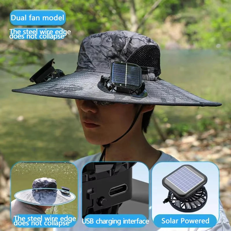 Solar Cooling Fan Hat | USB Rechargeable Wide Brim Sun Hat | Camping, Fishing & Hiking Hat