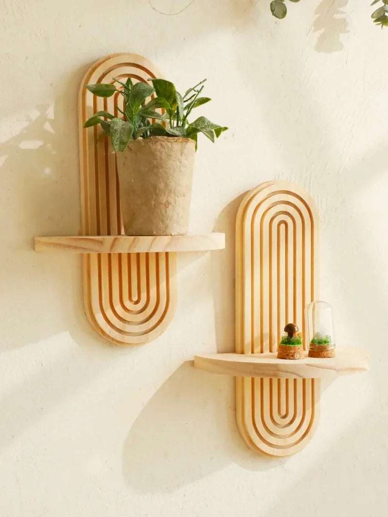 Boho Wooden Arch Wall Shelf – Natural Wood Floating Storage