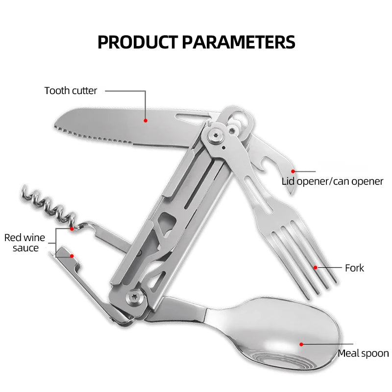 Stainless Steel Camping Multi Tool | Spoon, Fork, Knife & Bottle Opener