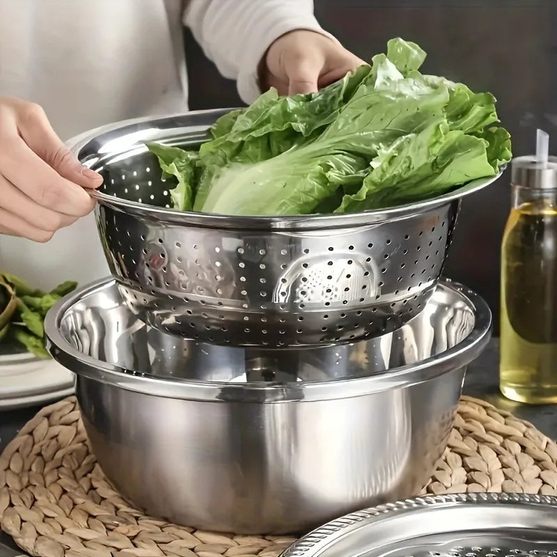 3-Piece Stainless Steel Mixing Bowl Set – Grater, Strainer & Food Prep Bowls