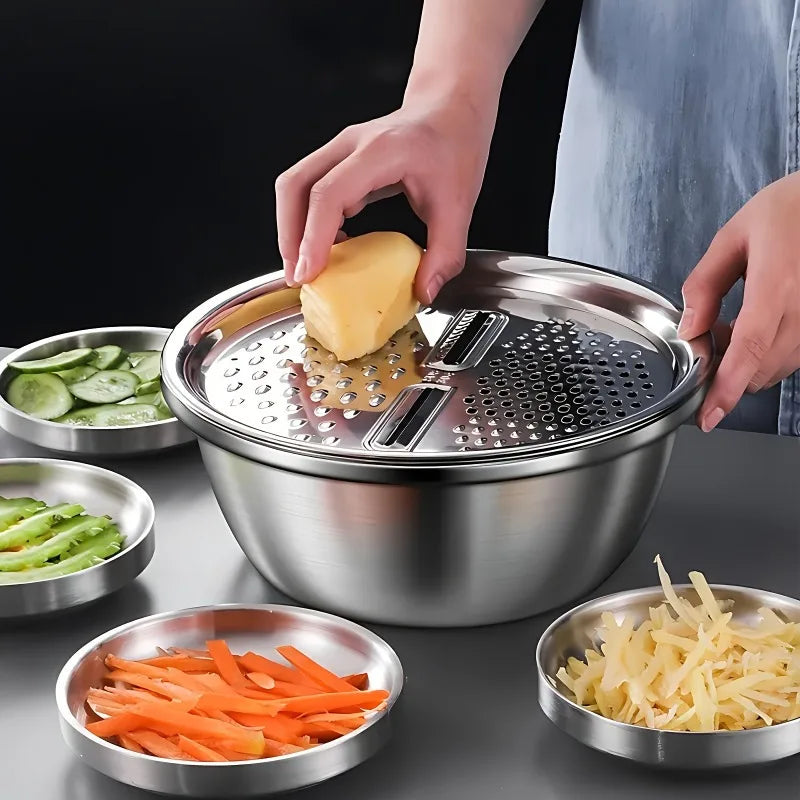 3-Piece Stainless Steel Mixing Bowl Set – Grater, Strainer & Food Prep Bowls