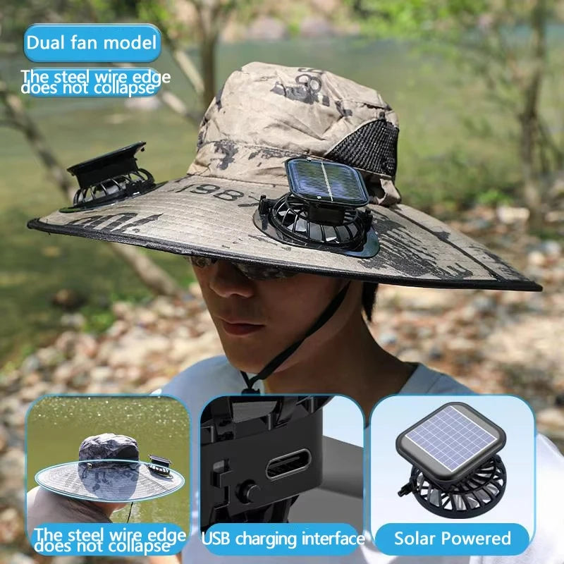 Solar Cooling Fan Hat | USB Rechargeable Wide Brim Sun Hat | Camping, Fishing & Hiking Hat