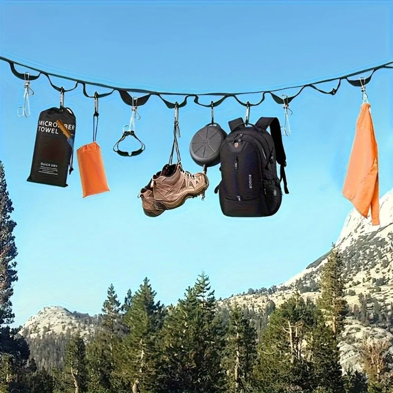 Camping Gear Hanging Strap with 19 Hooks – Outdoor Equipment Organizer Clothesline