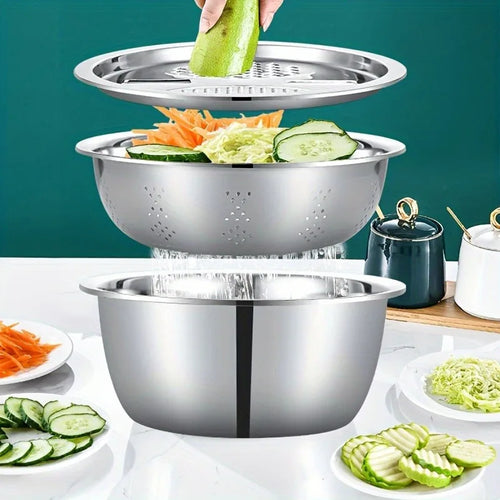 3-Piece Stainless Steel Mixing Bowl Set – Grater, Strainer & Food Prep Bowls