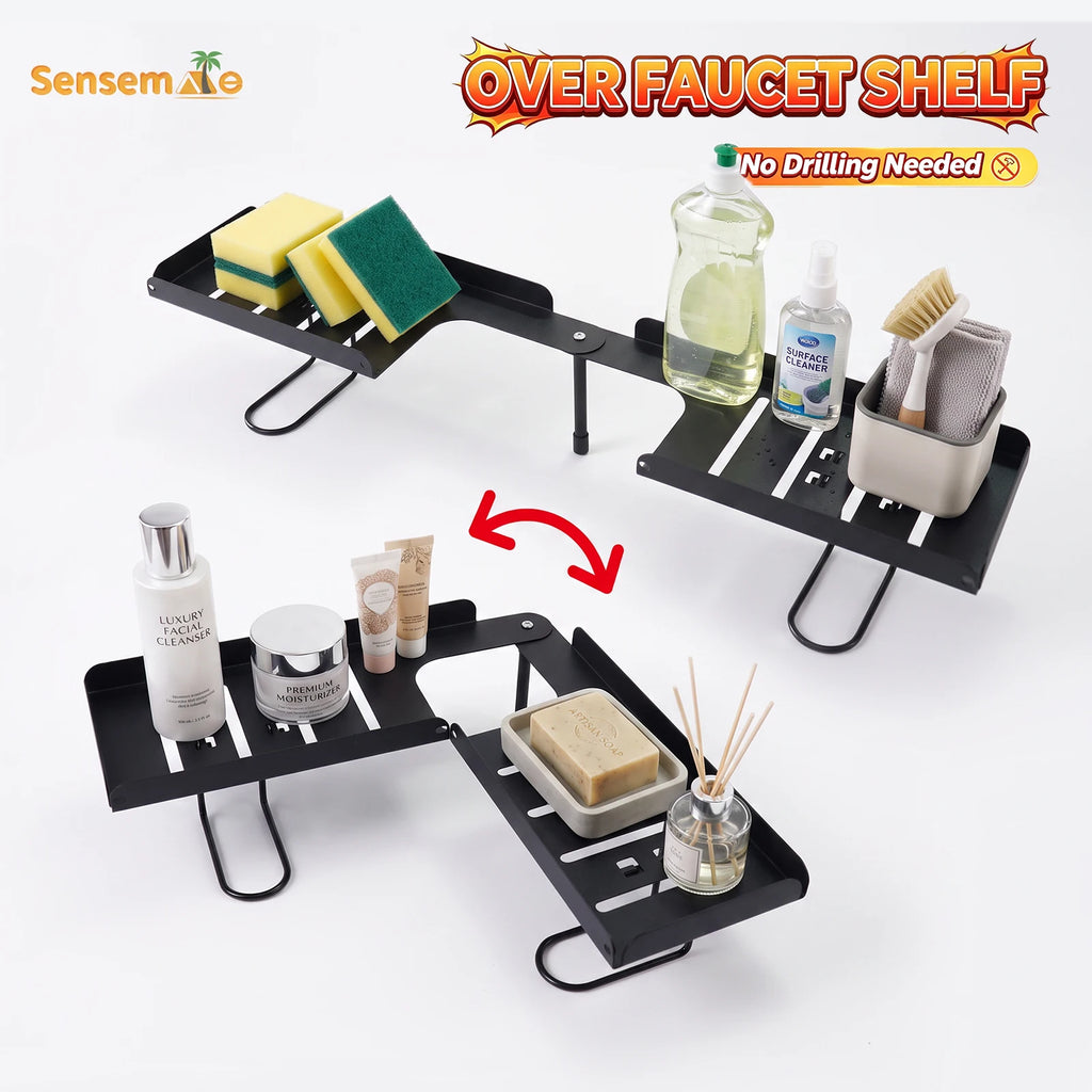 Over Sink Shelf Rotatable Adjustable Steel Faucet Storage Organiser