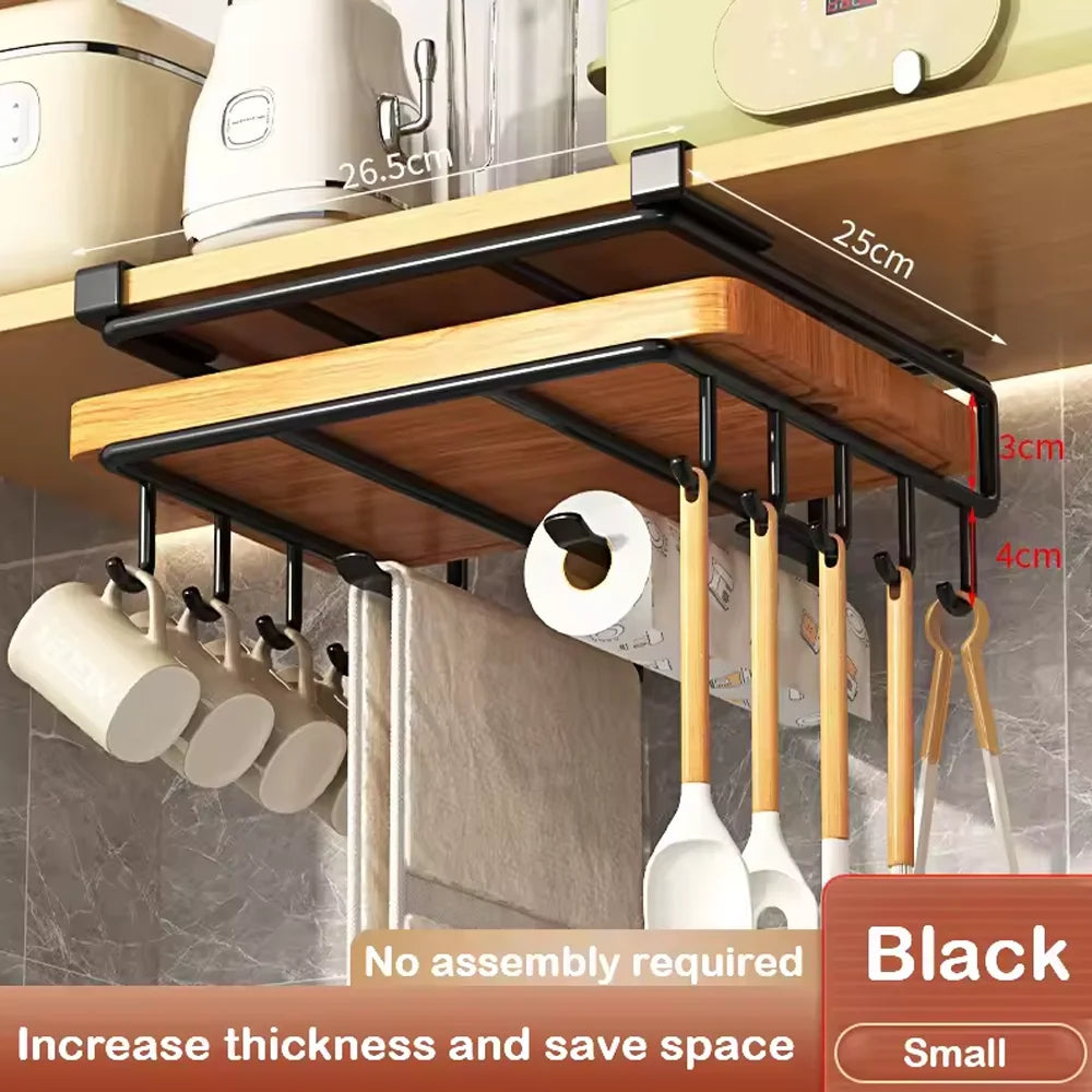 Space-Saving Under Cabinet Kitchen Organizer Rack with Hooks, Storage Shelf & Hanging Holders