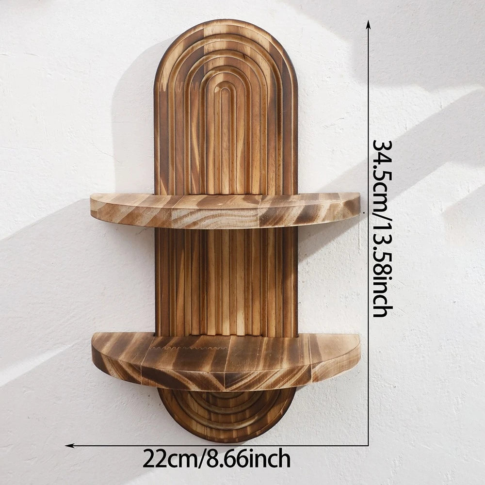 Boho Wooden Arch Wall Shelf – Natural Wood Floating Storage