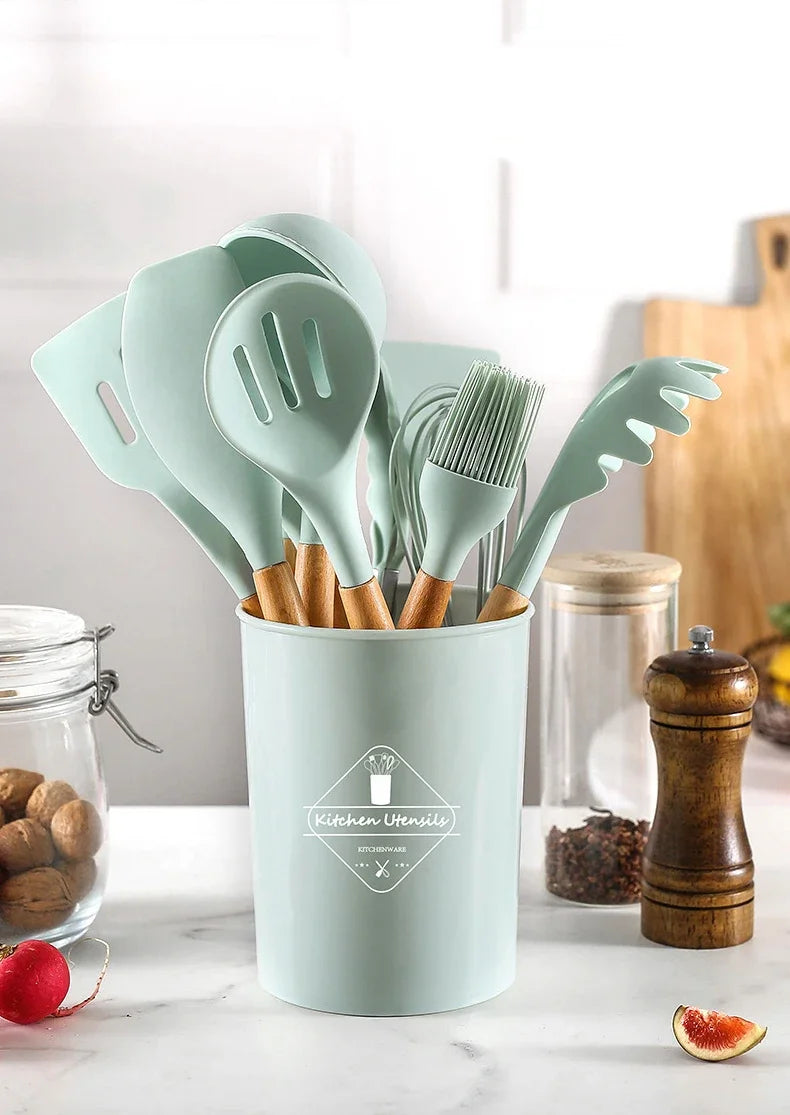 12-Piece Silicone Kitchen Utensil Set with Wooden Handles – Non-Stick Cooking Tool